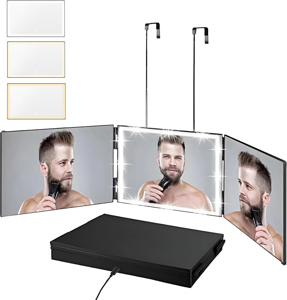 Vanexiss Rechargeable 3 Way Mirror with Lights & Hook for Self Hair Cutting
