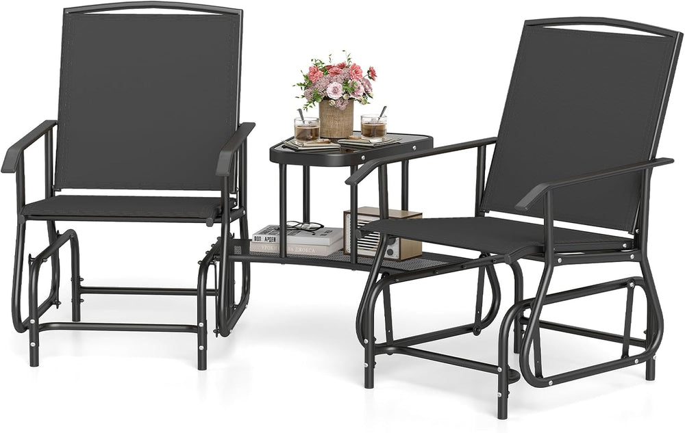 Tangkula 2-Seater Outdoor Glider Bench with 2-Tier Center Table (Black)