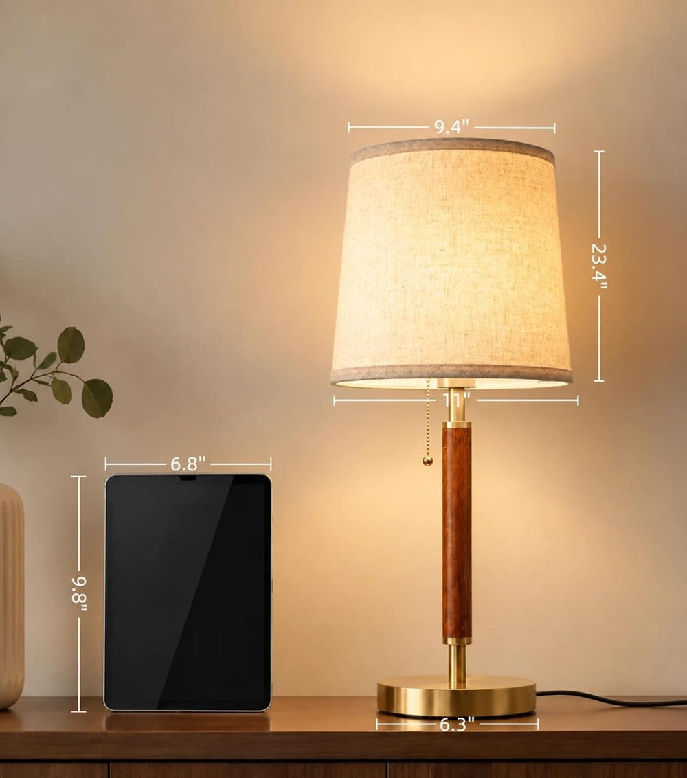 JOOFO Mid Century Wood Table Lamp with Pull Chain, Bedside Lamp