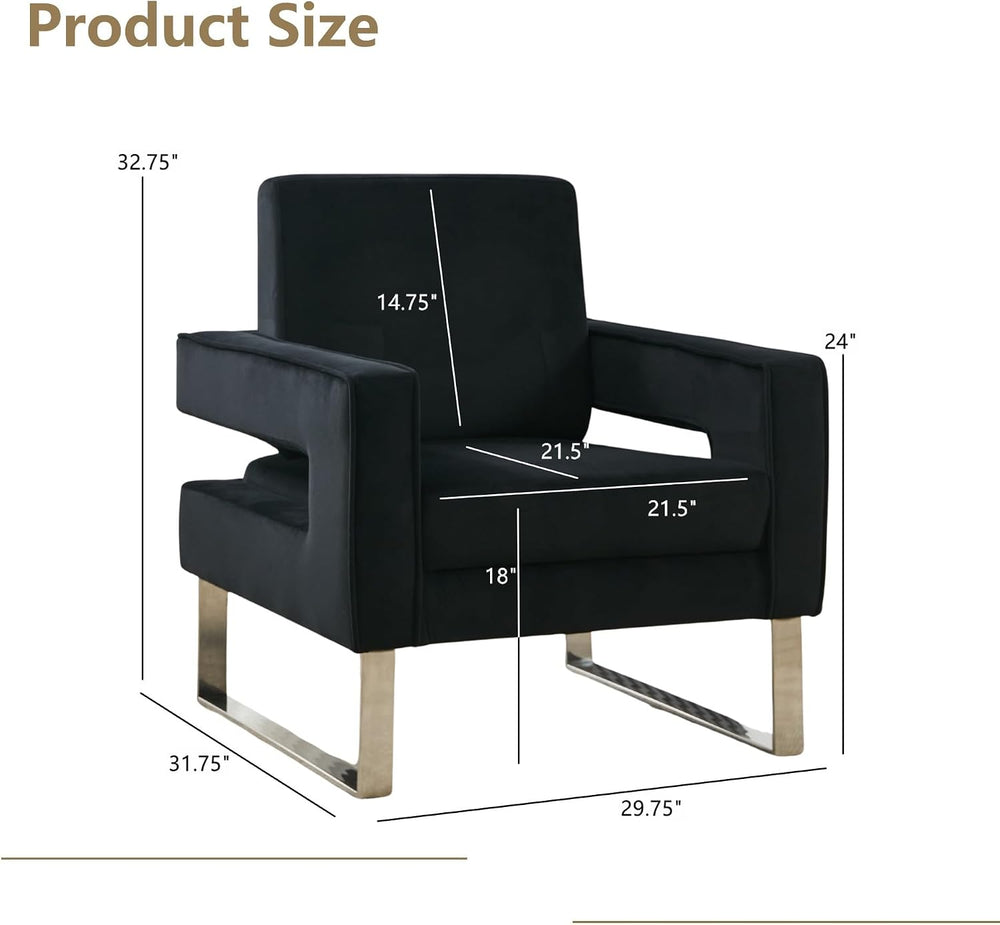 Velvet Accent Chair, Modern Armchair with Silver Base, Black