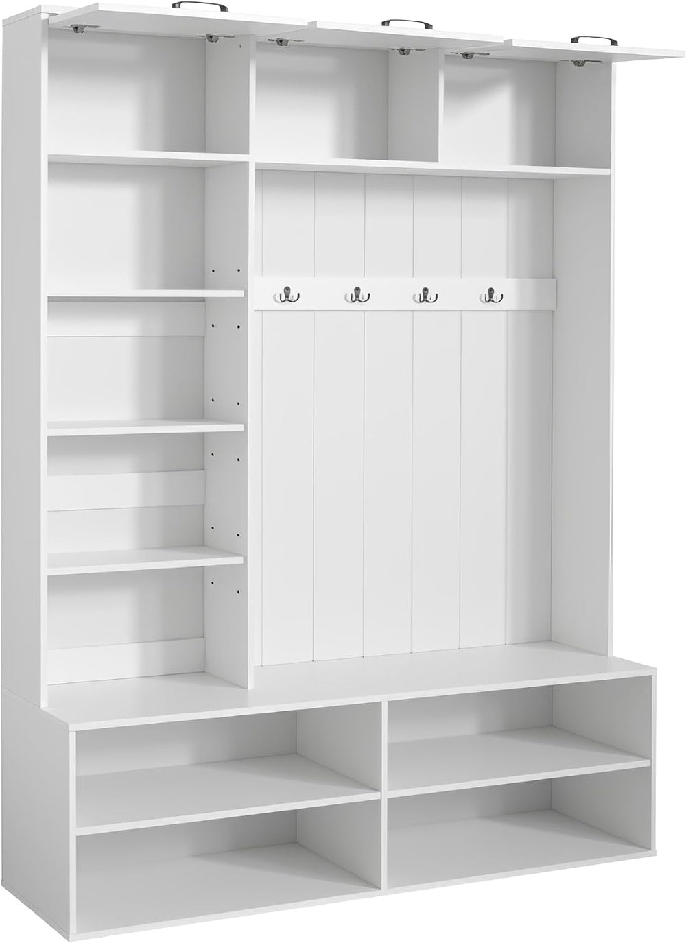 5-in-1 Hall Tree with Bench, Entryway Storage Organizer Cabinet, White
