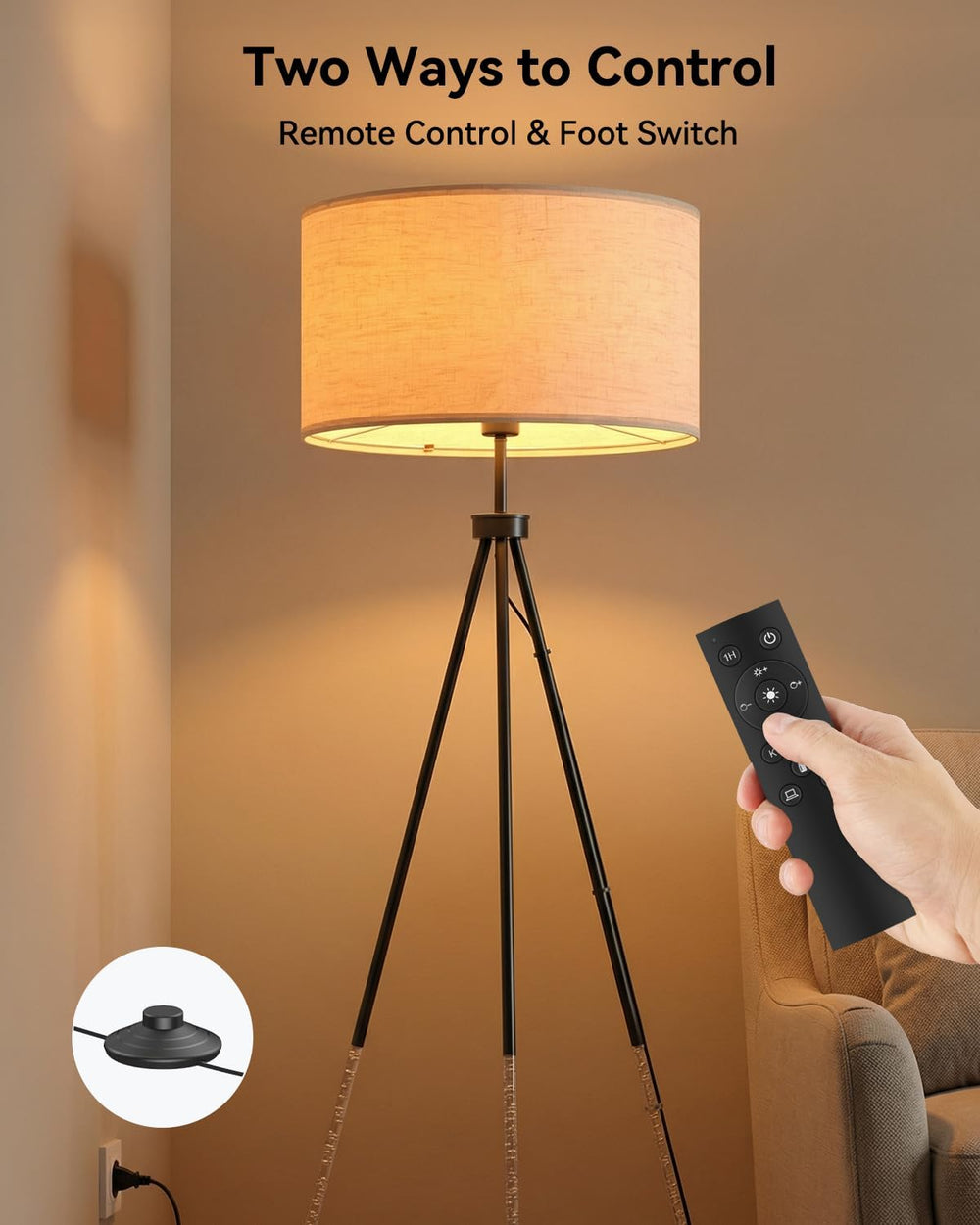 JOOFO Modern Metal Tripod Floor Lamp with Remote, 16.5" Linen Shade