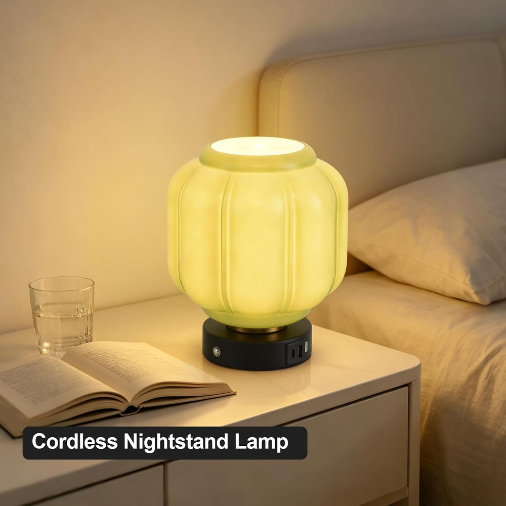 Rechargeable Table Lamp, Cordless Green Glass Bedside Lamp Small