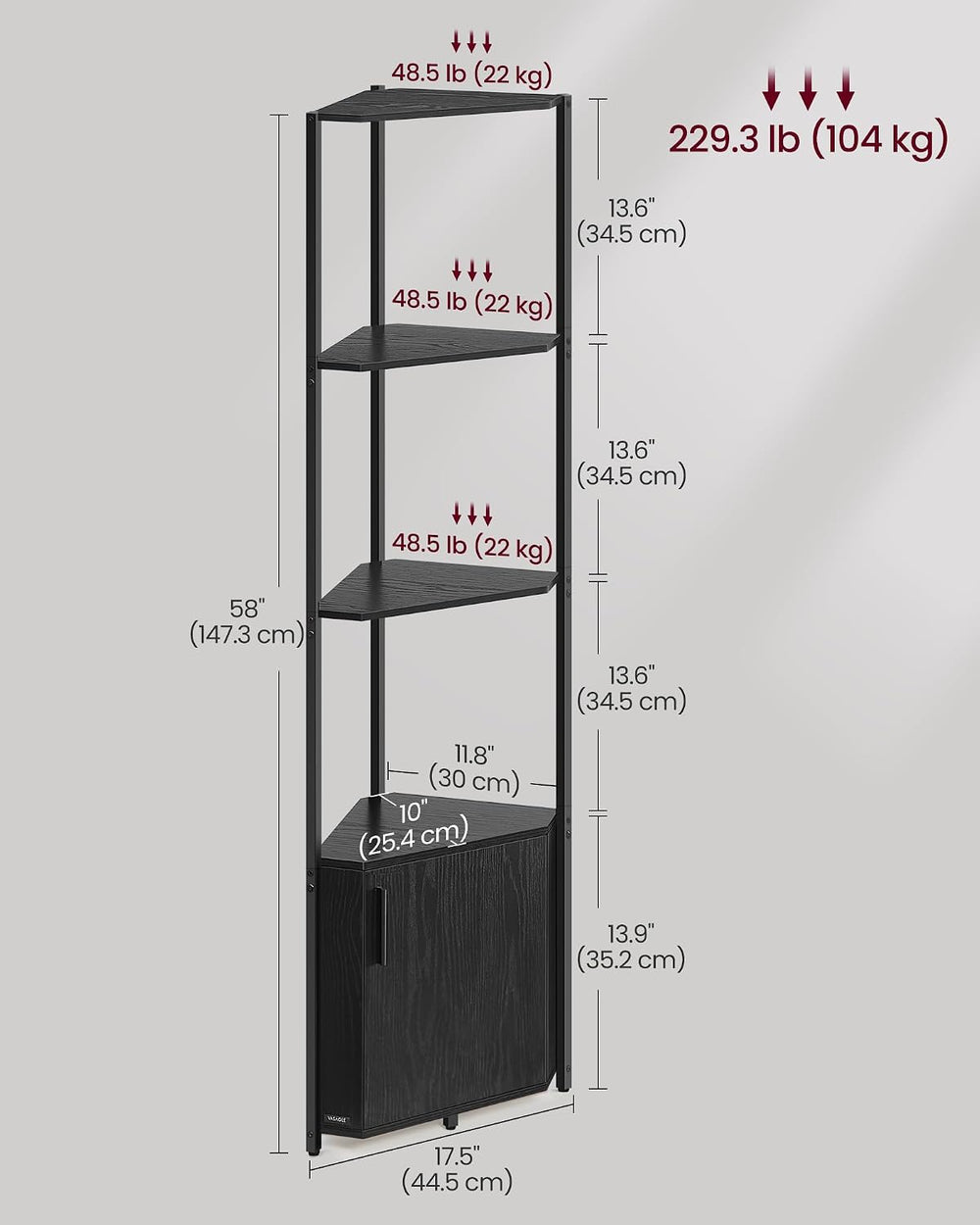VASAGLE Corner Shelf Floor Standing, 5-Tier Bookshelf with Cabinet