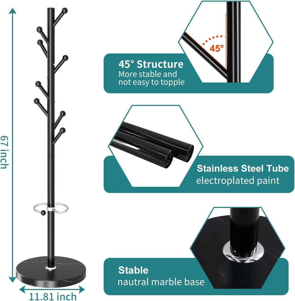 OIRUMIE Coat Rack,Coat Rack Stand with 8 Hooks Umbrella Hoolder Marble Base