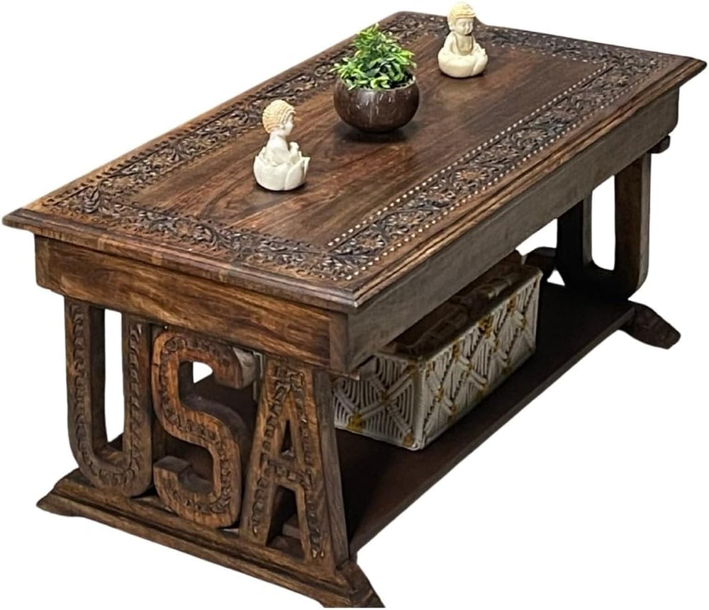 Coffee Table in Solid Wood With Hand Carving 40x20x18"_Burnt Rectangular