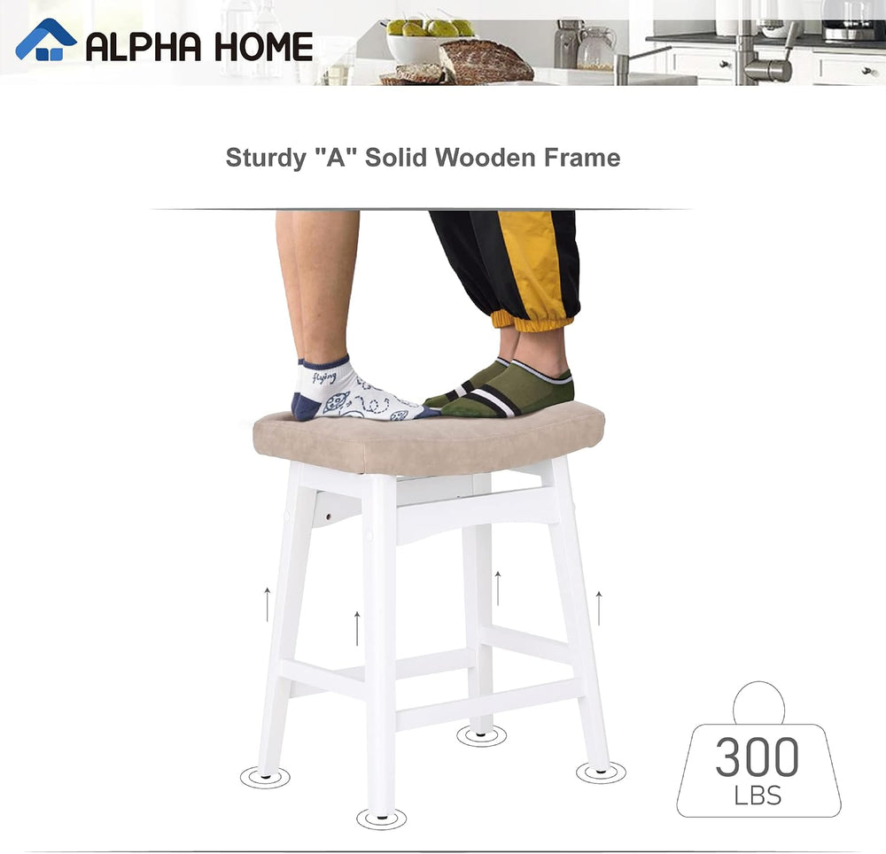ALPHA HOME 24 Inch Bar Stools Set of 2, Solid Wood Saddle Kitchen Stools
