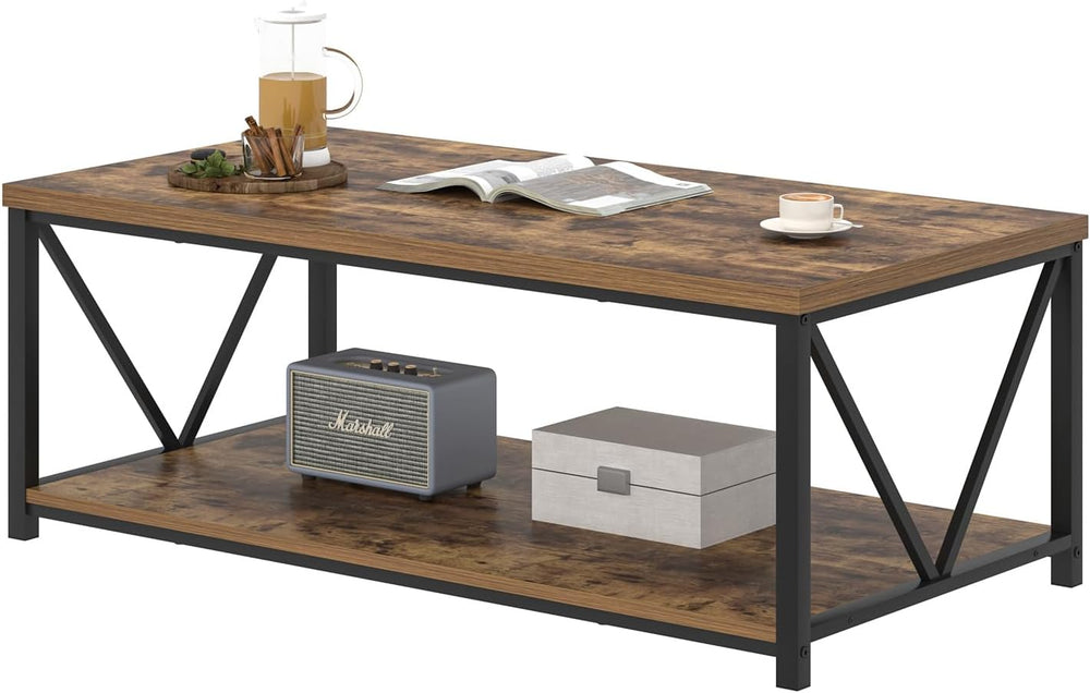 EXCEFUR Modern Coffee Table, Rustic Wood and Metal Living Room Table with Sto...
