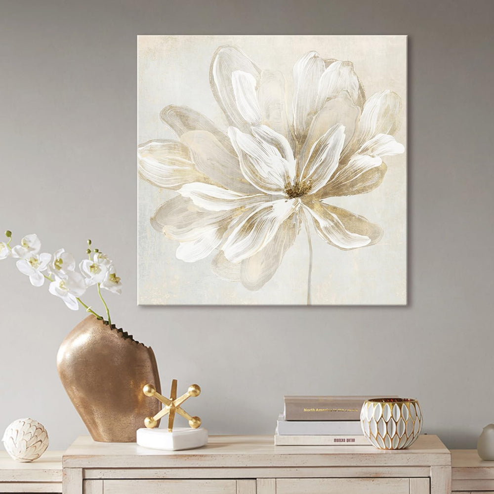 SEVEN WALL ARTS White Flower Wall Art Beige and Gold Blooming Flower Abstract...