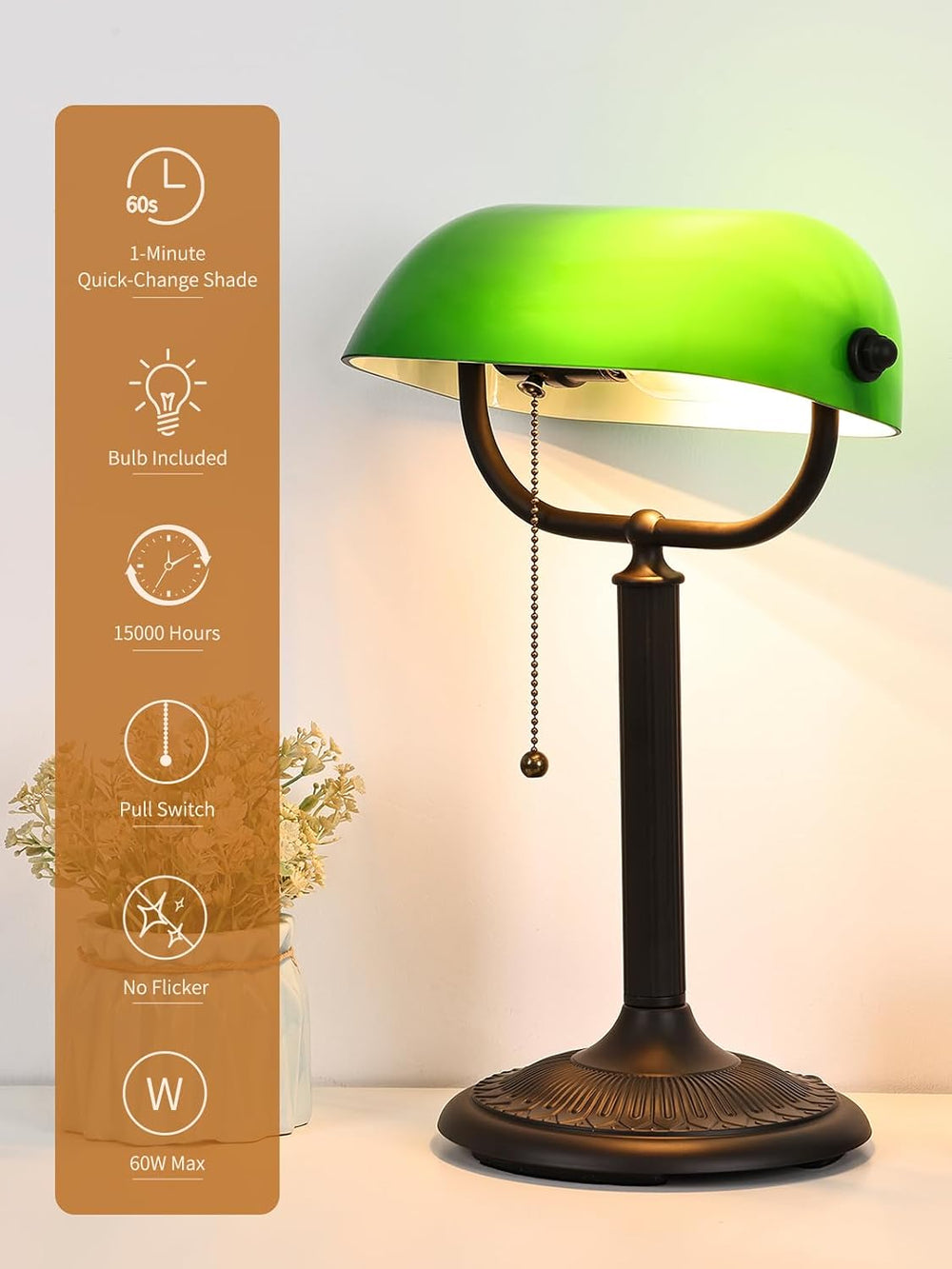1-Minute Quick-Change Shade Antique Green Glass Bankers Desk Lamp