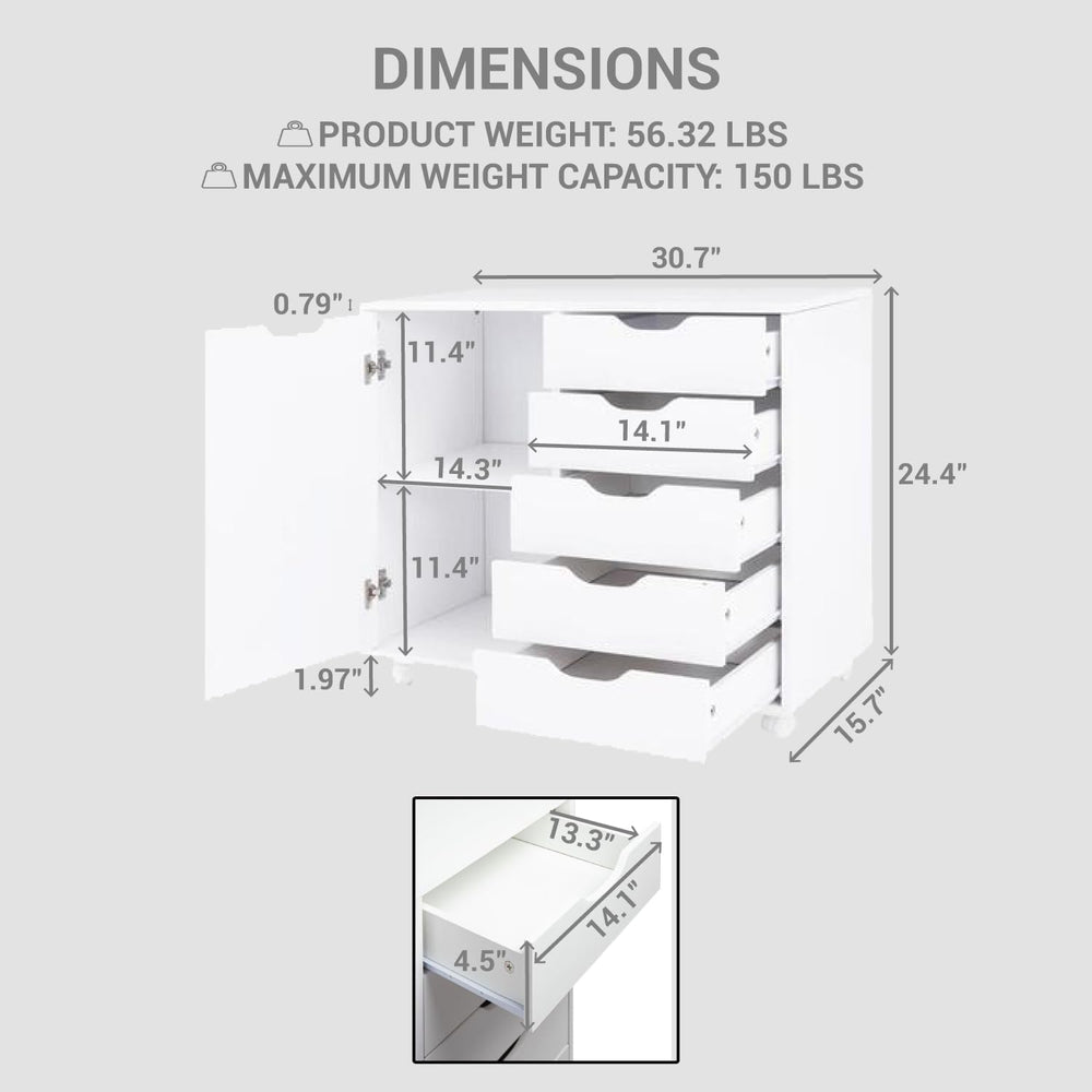 Naomi Home Amy 5-Drawer Rolling Storage Cabinet with Shelves - White
