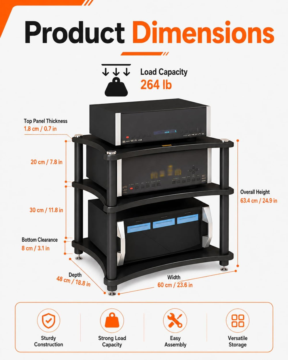 Heavy Duty 3-Tier AV Media Stand, 264 lb Load Capacity, Teak