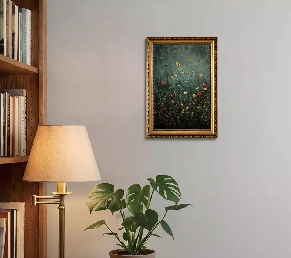 Green Wildflower Gold Framed Canvas Wall Art 16x24 inch