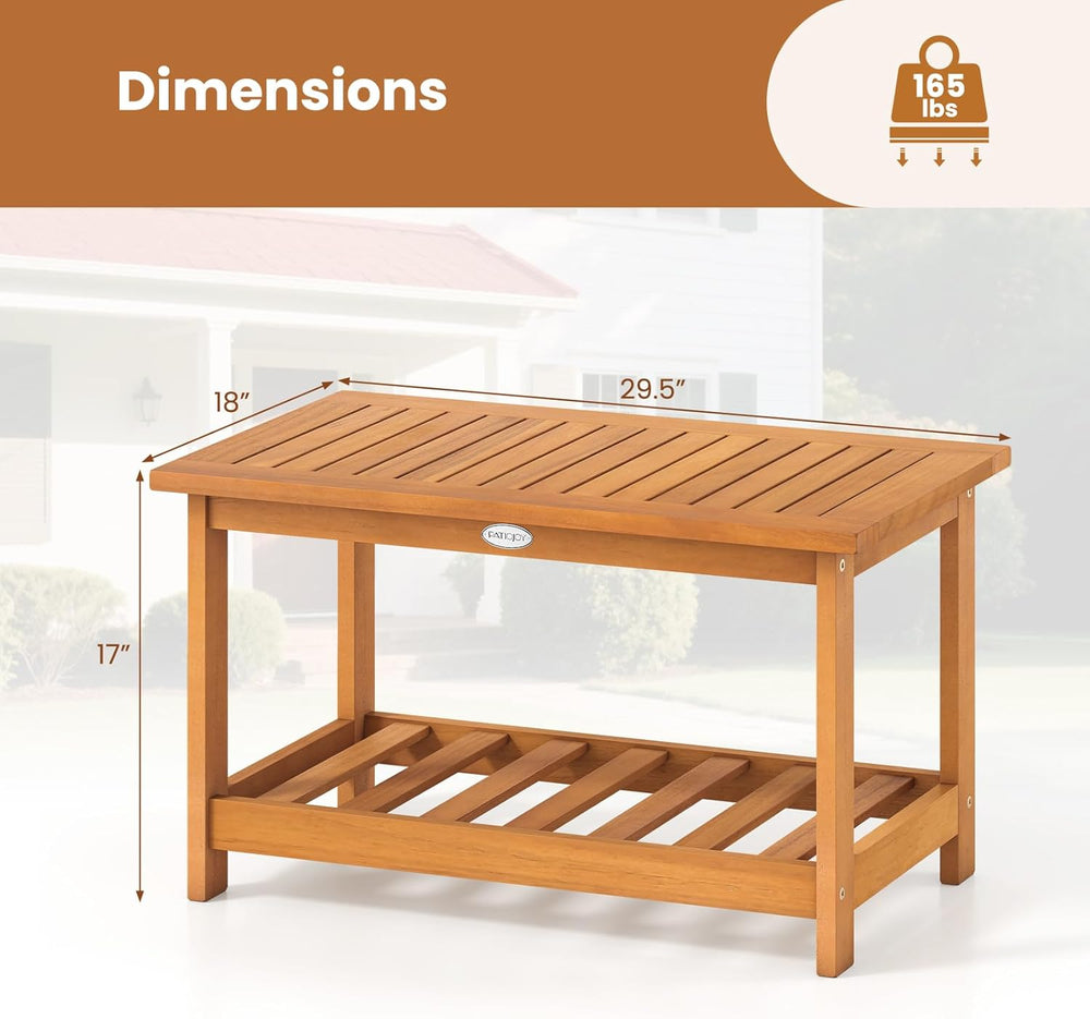 Tangkula Outdoor Acacia Wood Coffee Table, Patio 29.5” Rectangle Slatted 2 Ti...
