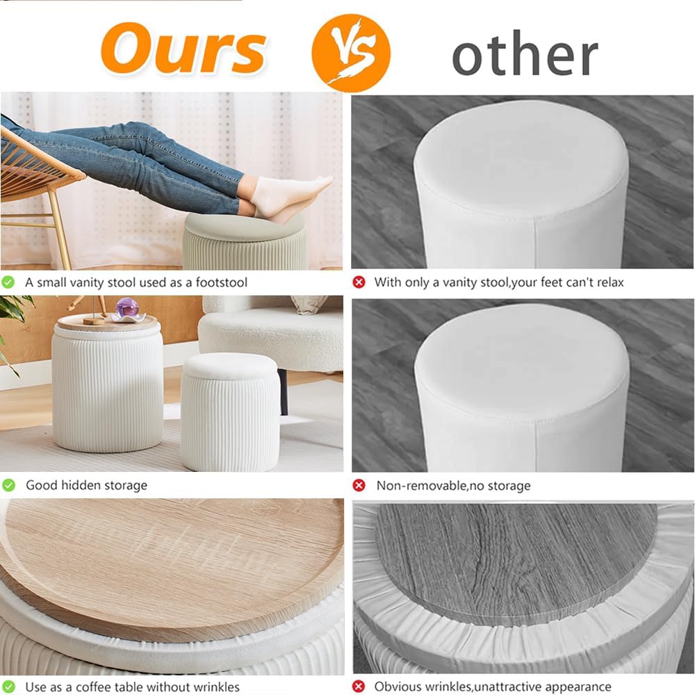 BLEXA Round Ottoman with Storage Set of 2-White Velvet Vanity Stool