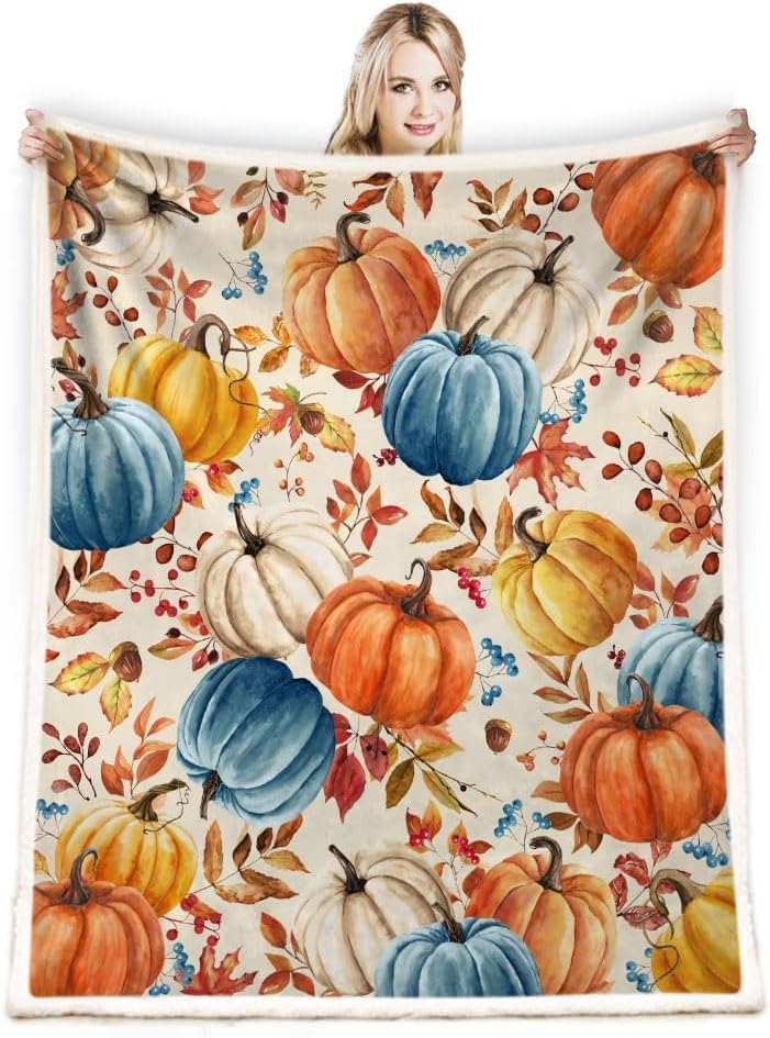 Fall Pumpkins Throw Blanket, Autumn Orange White Blue Pumpkins Leaves and Ber...