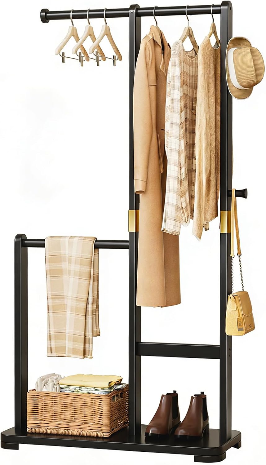 Solid Wood Coat Rack, Freestanding Standing Clothes Rack with Double Hanging ...