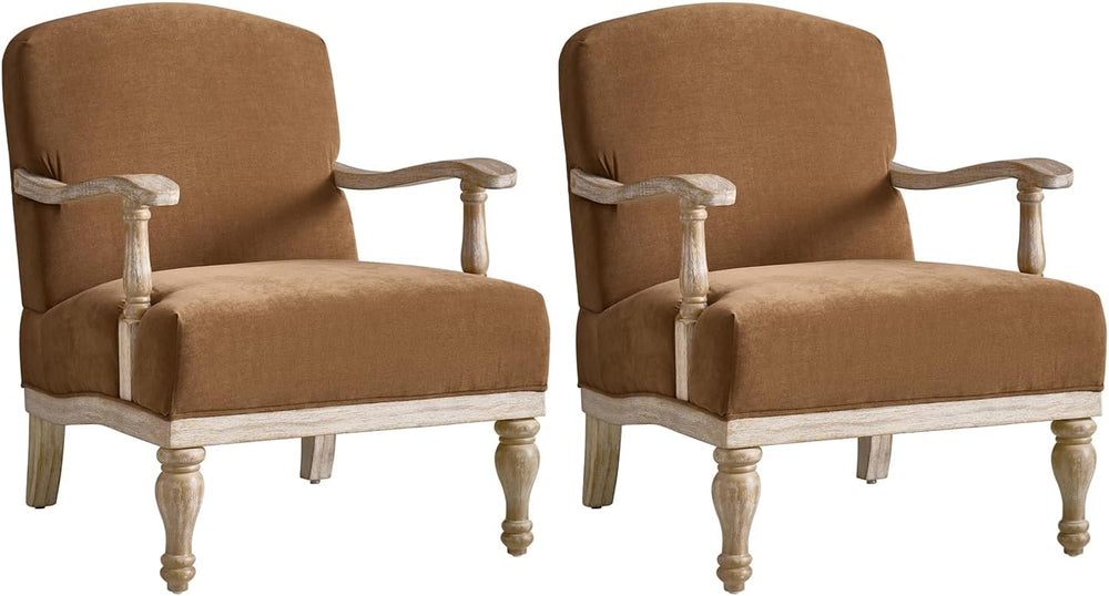 HULALA HOME Farmhouse Accent Chair Set of 2 Solid Wood Frame, Caramel