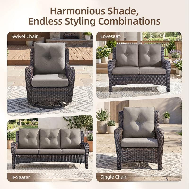 Outdoor Brown Wicker Furniture Set of 5, Wicker Patio Conversation Set Grey