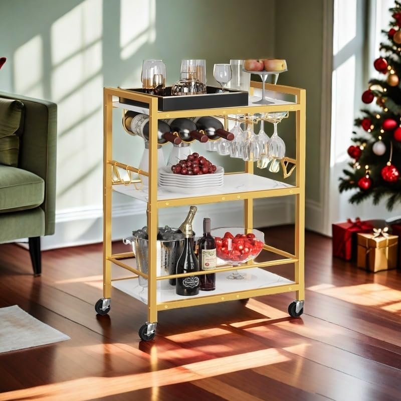 TUTOTAK Bar Cart with Wheels, Drink Cart with Wine Rack and Glass Holder
