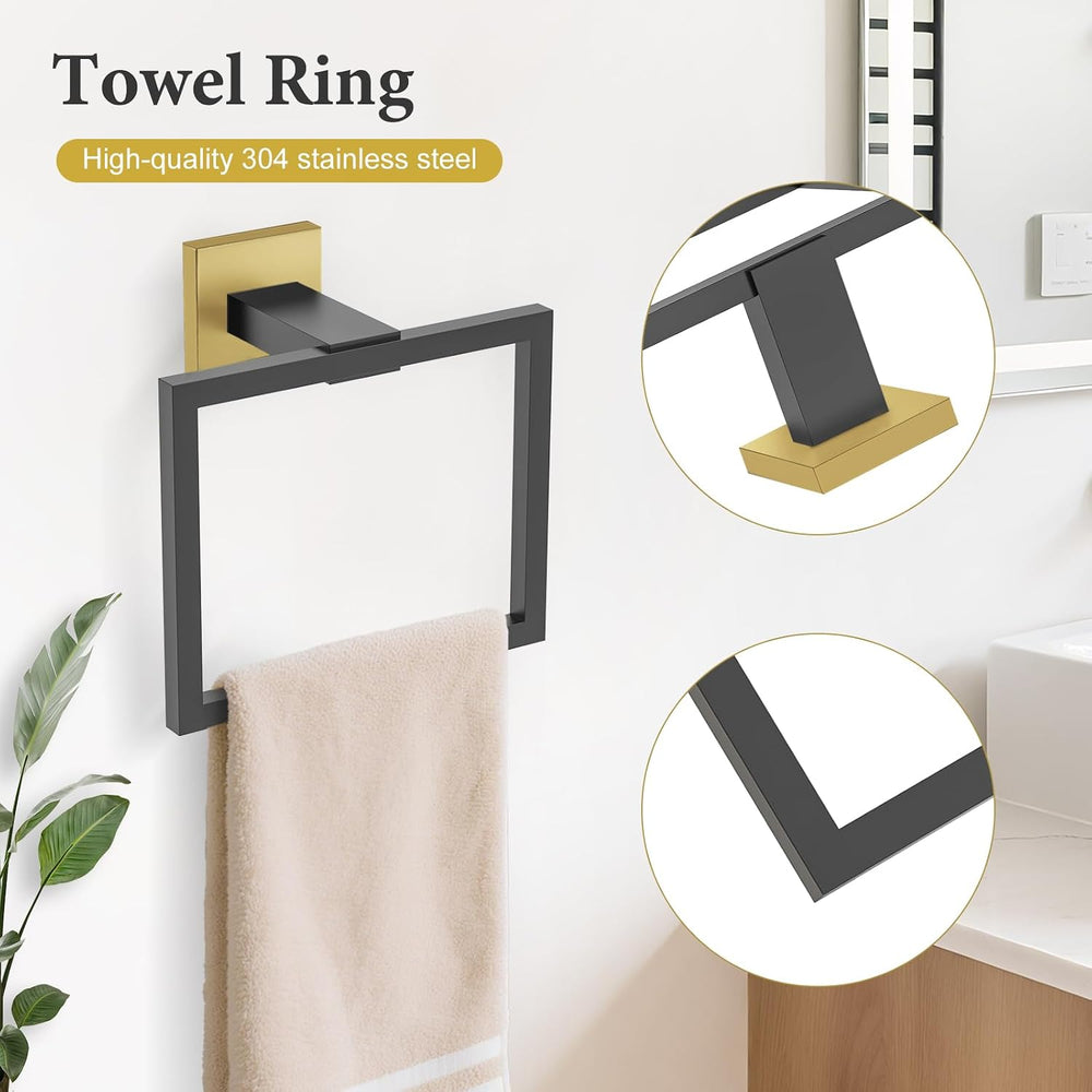 TURS Bathroom Accessory Set Black and Gold Towel Ring Set Stainless Steel Toi...
