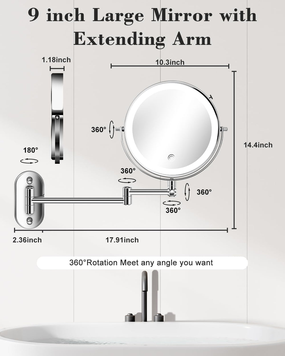 9'' 30X/1X Wall Mounted Height Adjustable Lighted Magnifying Makeup M...