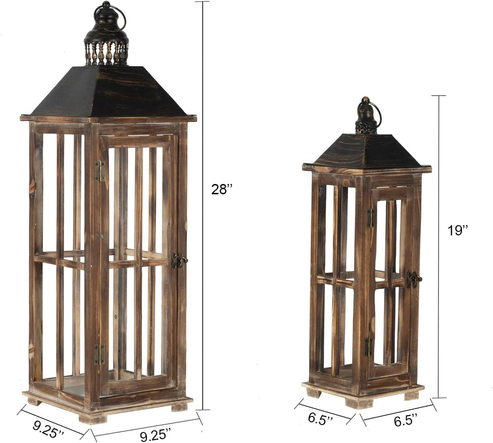 Large Farmhouse Wooden Decorative Lantern Set of 2, Rustic Distressed Brown B...