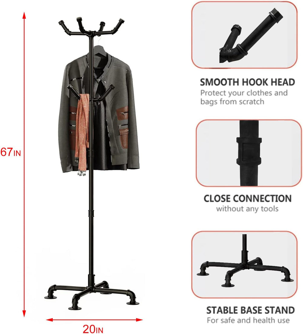 Industrial Coat Rack,Metal Pipe Coat Rack Stand Freestanding with 6 Hooks,Hea...