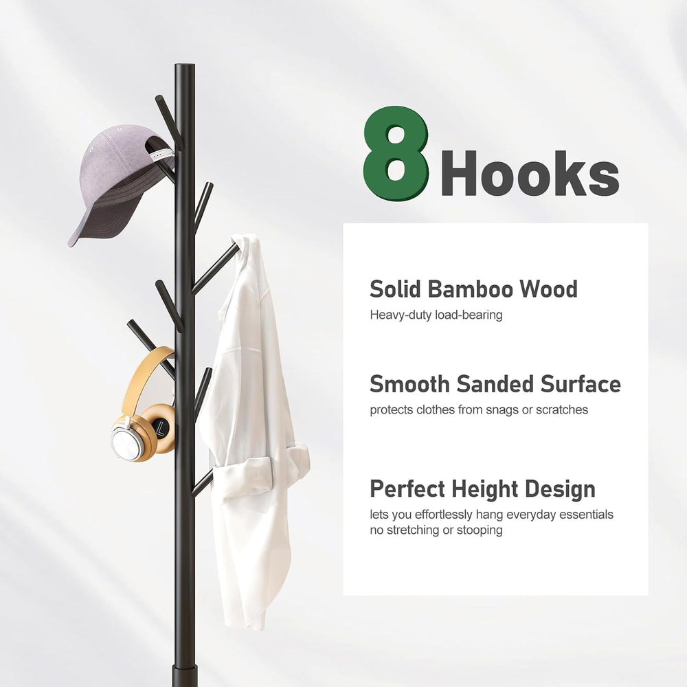 kiplant Black Coat Rack Stand, Bamboo Wood Freestanding Coat Tree with 8 Hook...