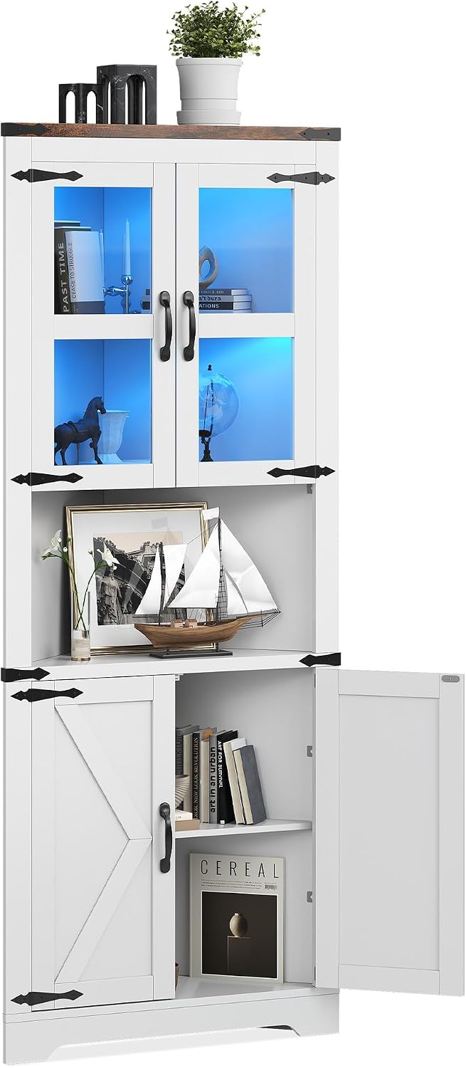 Garvee 67" Tall Corner Cabinet with Lights, 5-Tier, White