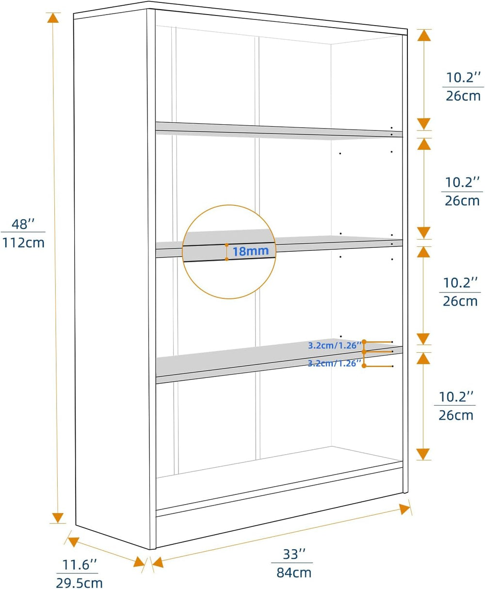 48-Inch 4-Tier Bookshelf,Adjustable Wood Bookshelf for Small Spaces