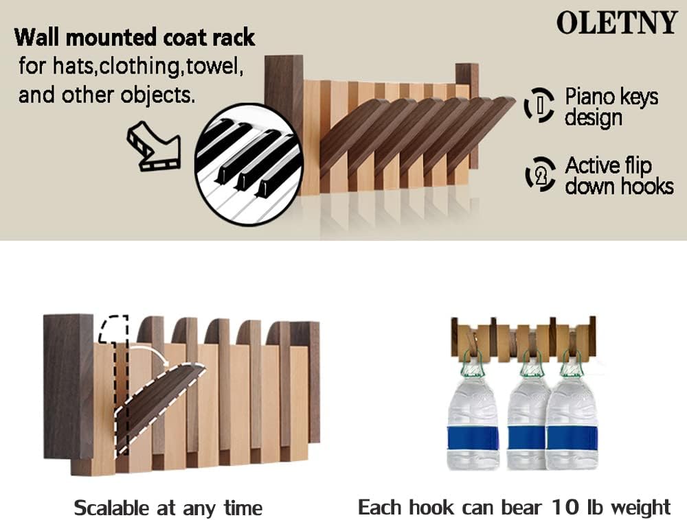 Coat Rack Wall Mount Wood, 6 Flip-Down Magnetic Hooks