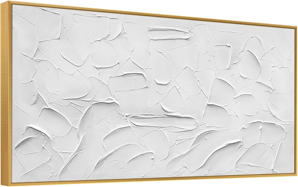Abstract Large Hand-Painted White Textured Oil Painting Gold Frame Wall Art