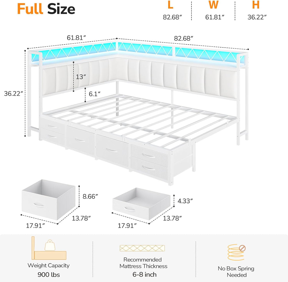 Corner Full Bed Frame with 6 Storage Drawers, Open Shelves,Charging Station