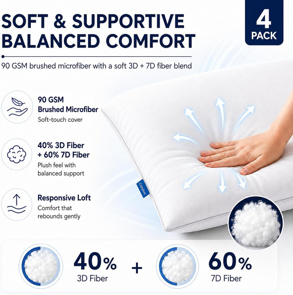 CozyLux Bed Pillows King Size Set of 4, 19" x 34", Medium Support