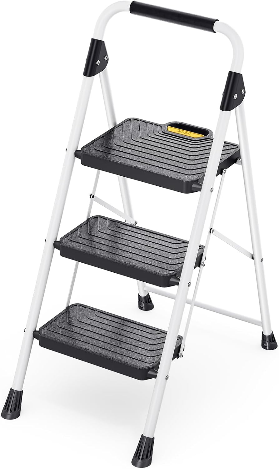 TOOLF 3 Step Ladder, Folding Portable Ladder with Anti-Slip Pedals, White