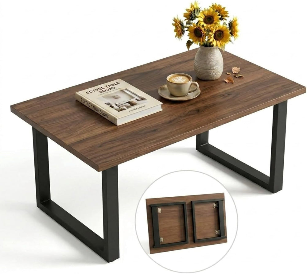 Walnut Folding Coffee Table, No Assembly Required for Small Spaces,35.5In