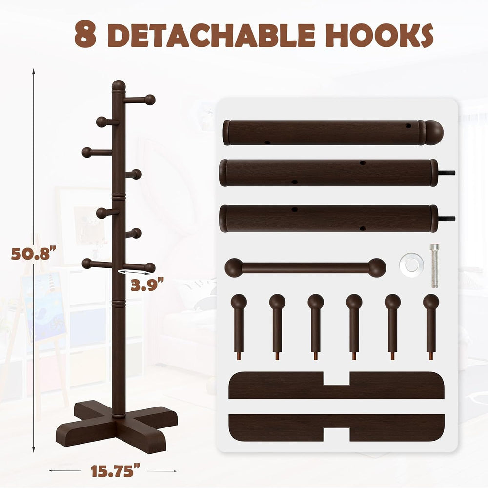 8-Hook Freestanding Wooden Coat Rack 2 Adjustable Heights Brown