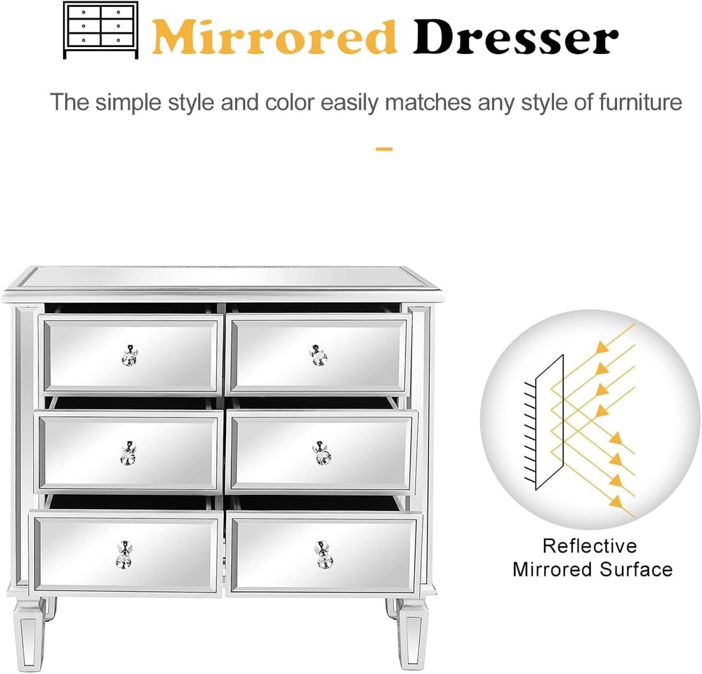 VINGLI Mirrored Dresser for Bedroom with 6 Storage Drawer Modern Chest of Dra...