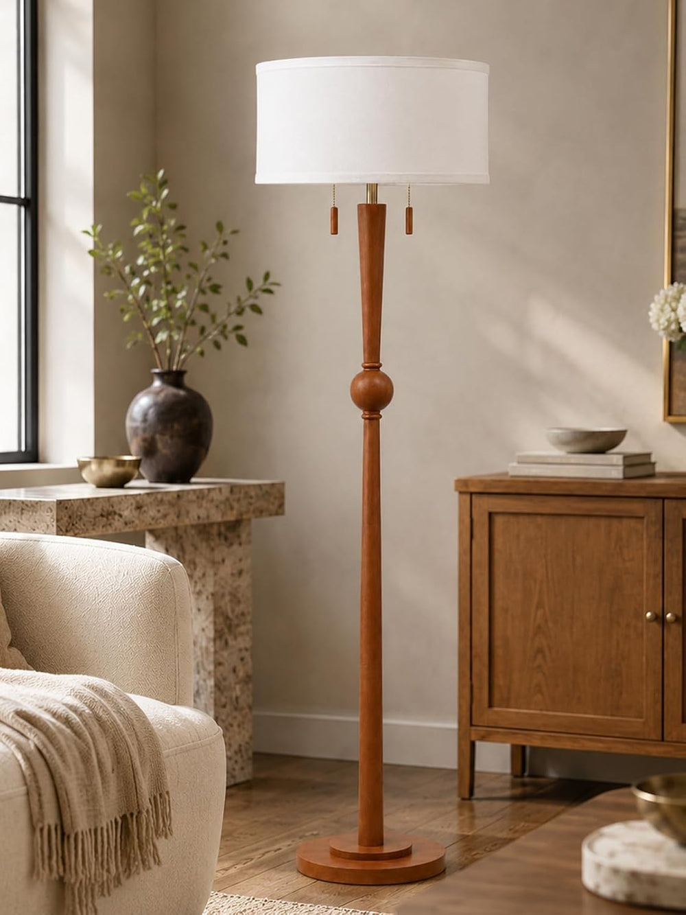 MOFFE Solid Wood Floor Lamp for Living Room,Pull Chains Standing Lamp