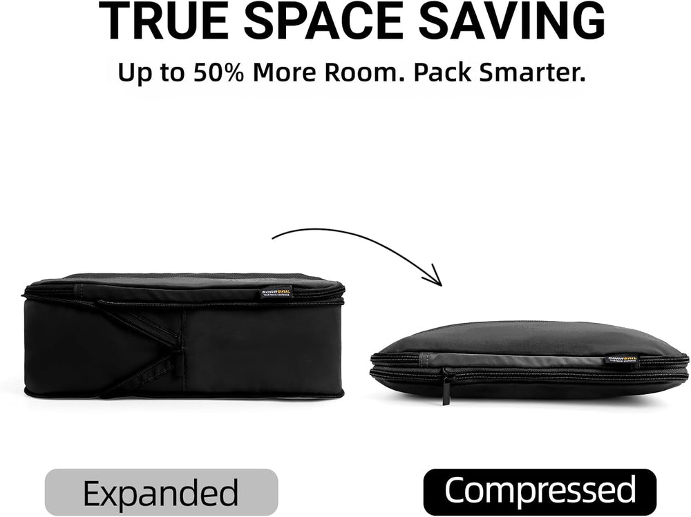6 Piece Compression Packing Cubes for 7–14 Day Travel, Jet Black