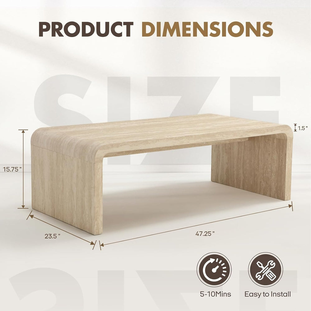 Hyfirm 47" Travertine Look Coffee Table, Thick Waterfall Edge Wood