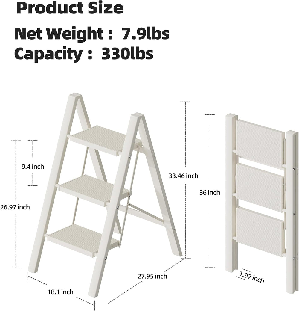 HillhutApex Aluminum Step Stool Foldable,3 Step Ladder (White)