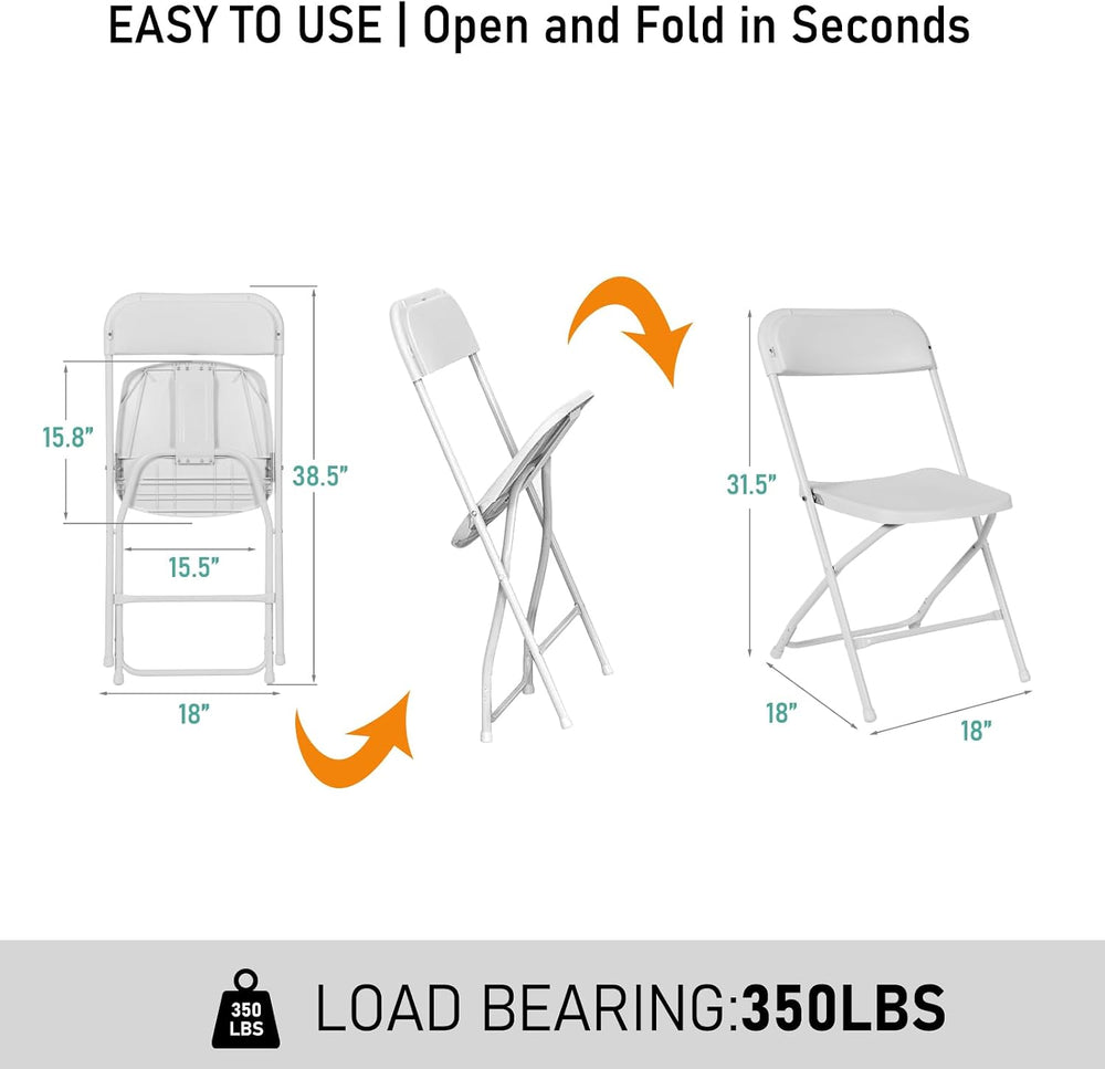 10 Pack White Plastic Folding Chairs,Steel Frame,350lb