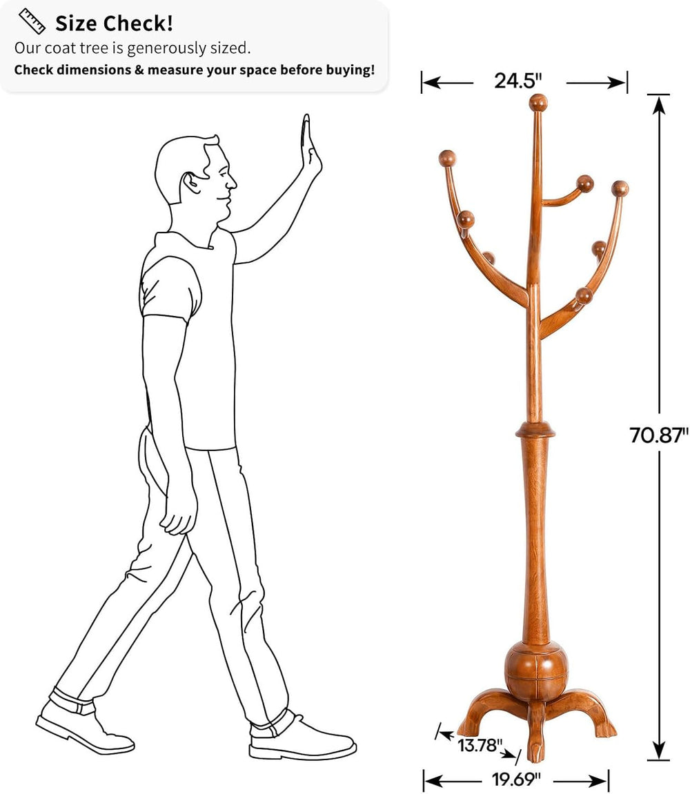 Coat Rack Freestanding Wood Coat Tree with Stable Sphere Base, Light Brown