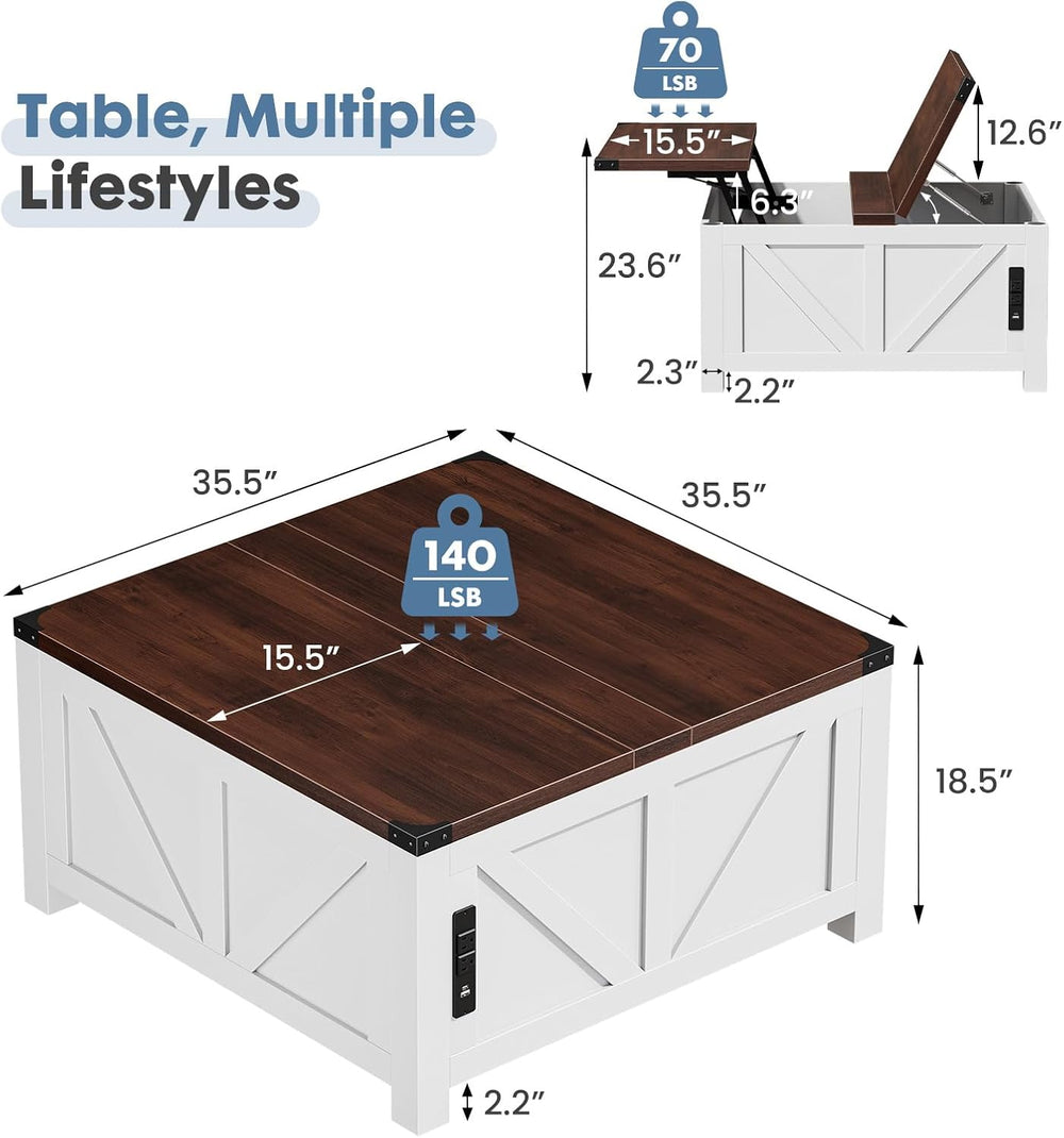 DUMOS Farmhouse Lift Top Coffee Table with Charging Station and Storage