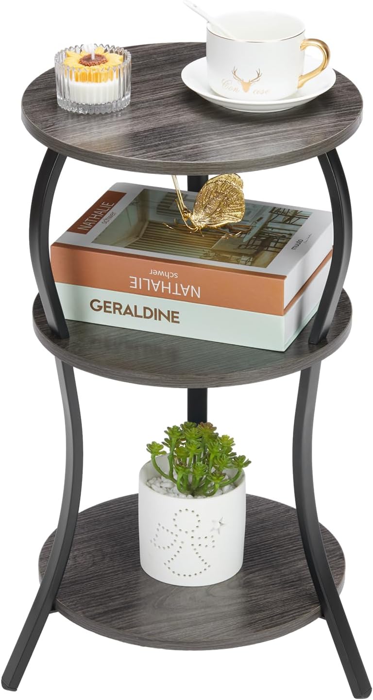 YEAKOO Vintage 3 Tier Small Round Side Table for Small Spaces,Grey
