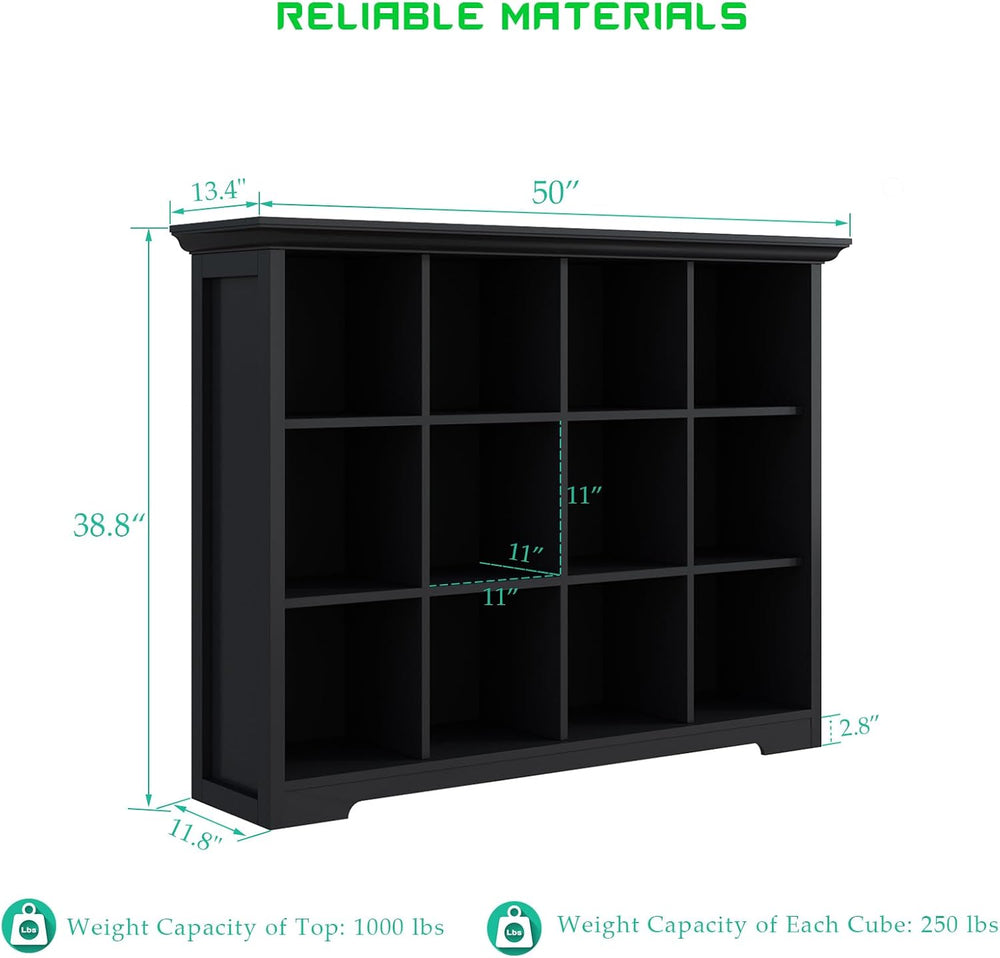 OSCHF 12-Cube Open Bookcase with Base, 3-Tier Wooden Bookshelf, Black