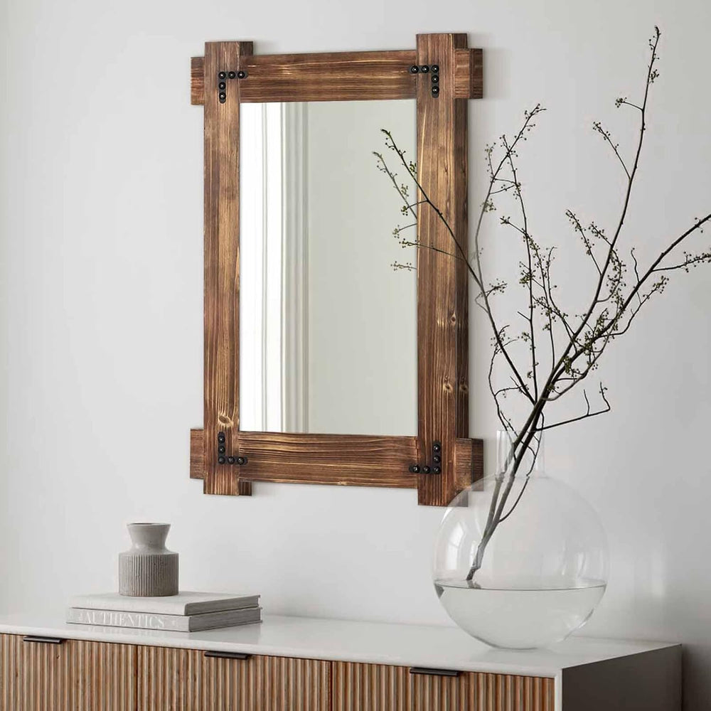 MeMoreCool Rustic Wood Wall Mirror 40x28 Inch, Farmhouse Bathroom Mirror