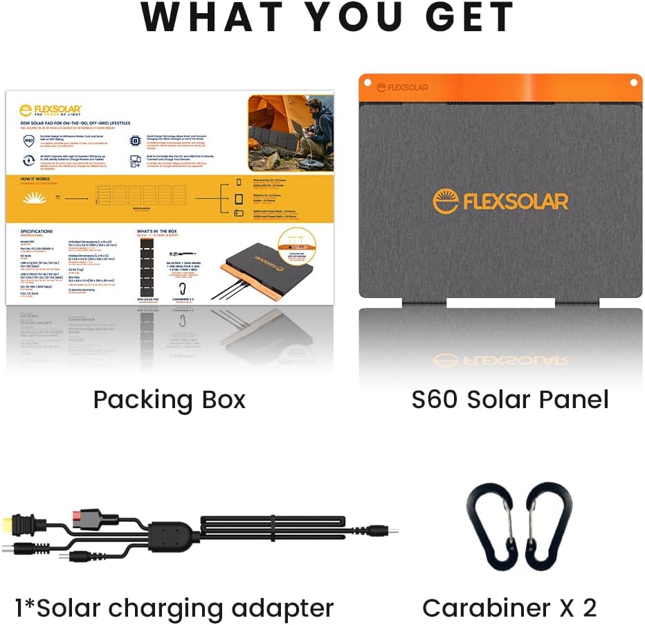 FlexSolar 60W Foldable Portable Solar Panel Charger IP67 Waterproof